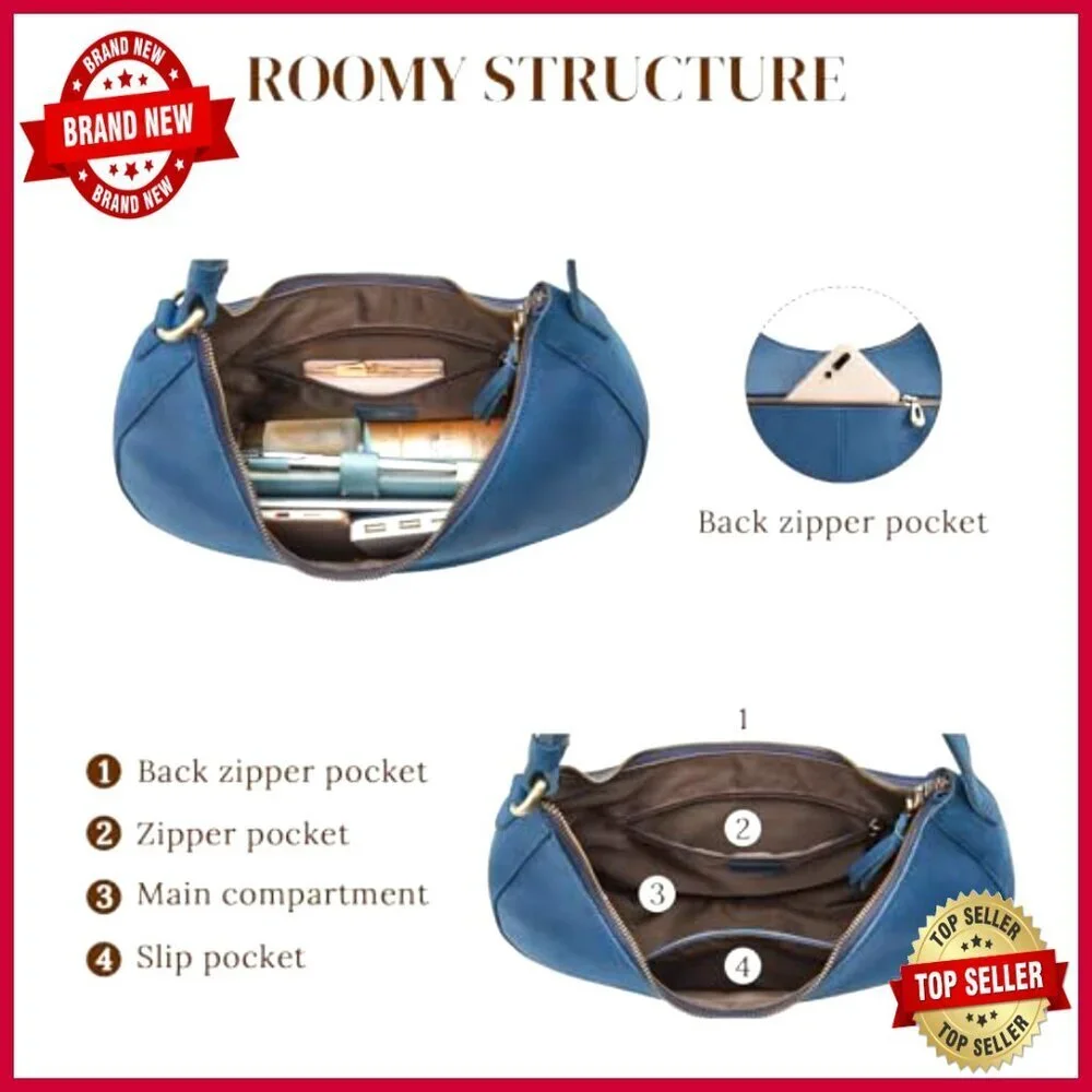 Top Grain Leather Hobo Shoulder Bag Adjustable Strap 3 Pockets